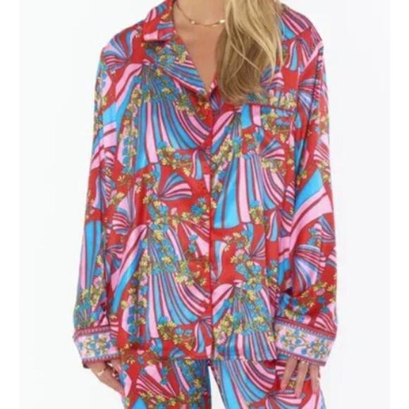 Show Me Your Mumu Women's Pajama Top Positano Paisley Satin Colorful Fan Floral - Picture 1 of 10